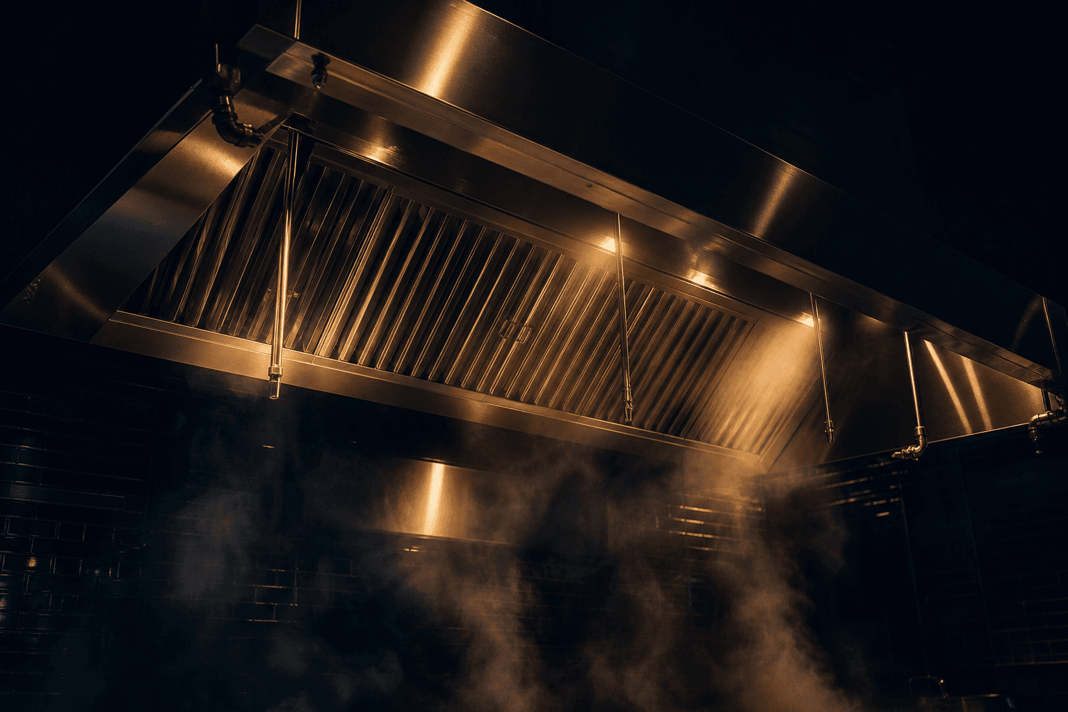 Commercial kitchen exhaust hood with steam and warm under-hood lighting